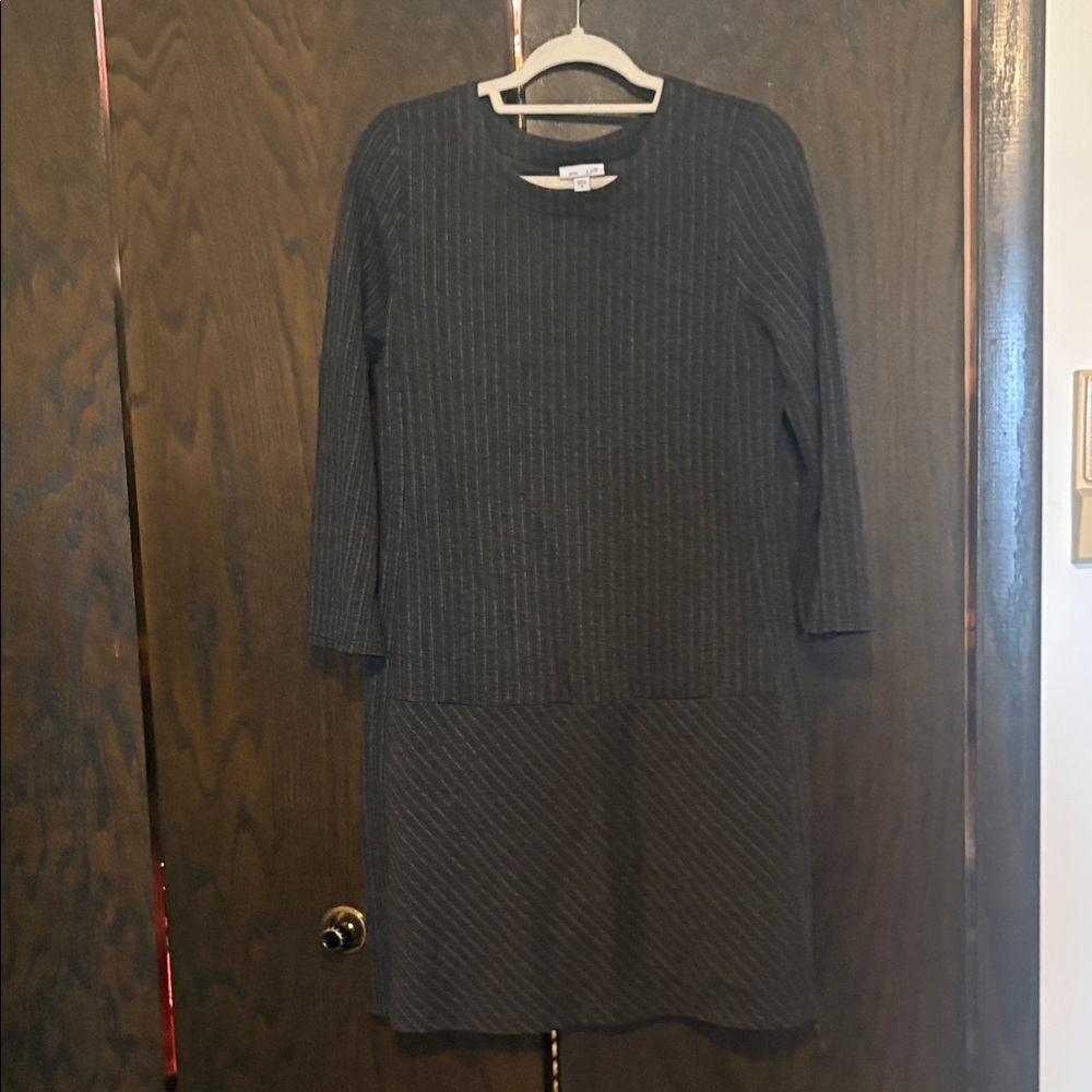 J. Jill Charcoal Long Sleeve Dress With White Pinstripe